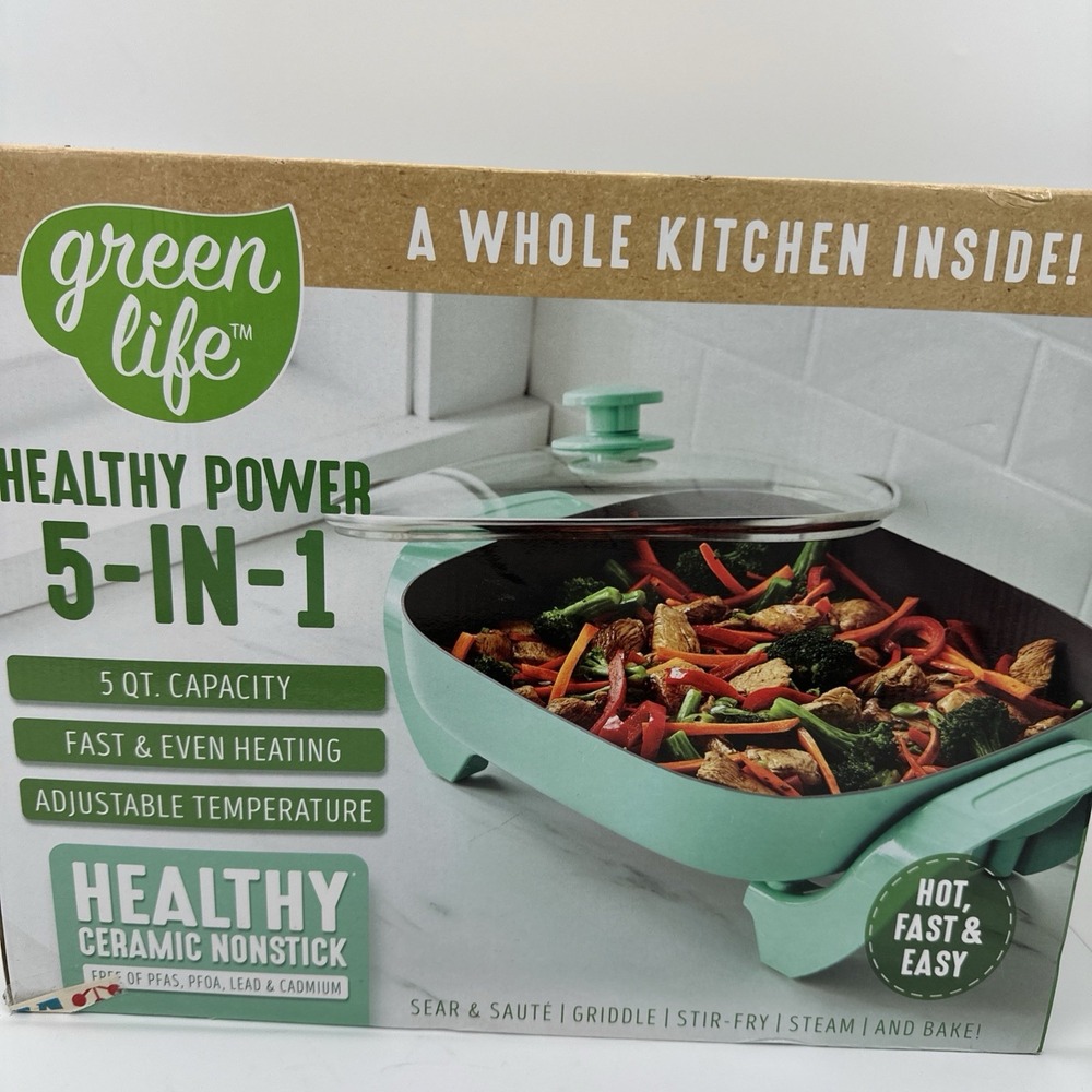 GreenLife Healthy Power 5 Qt 5 In 1 Electric Skillet Ceramic Nonstick New